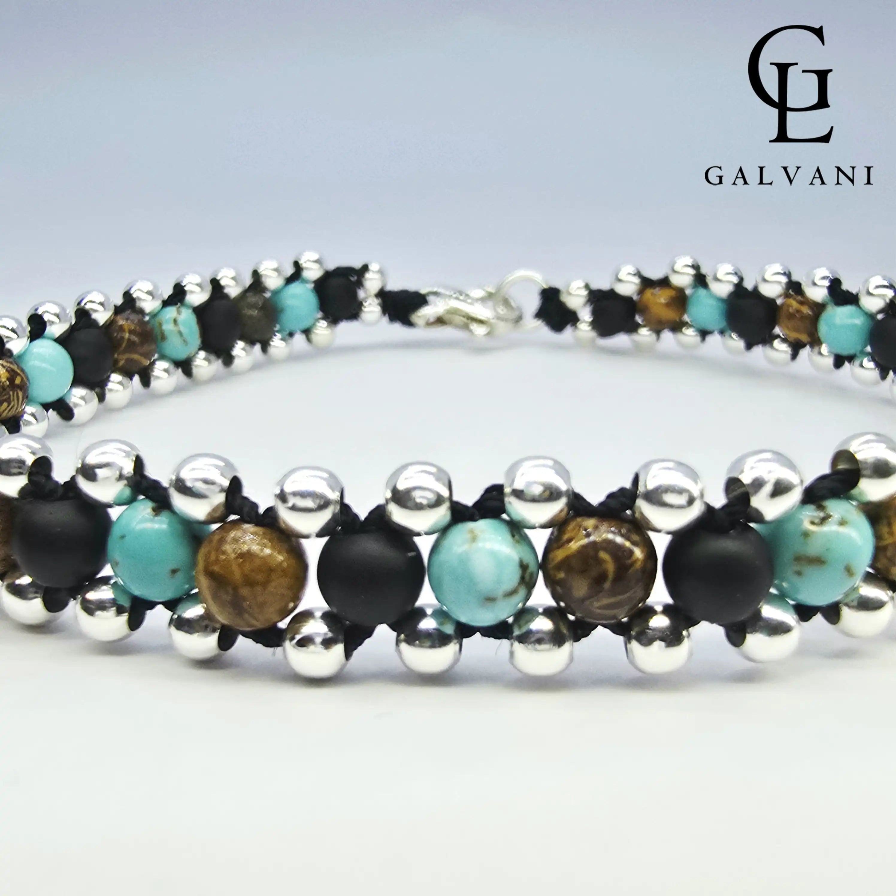 BRACCIALE ARES Argento 925 Howlite turchese Diaspro Elephant Skin Onice