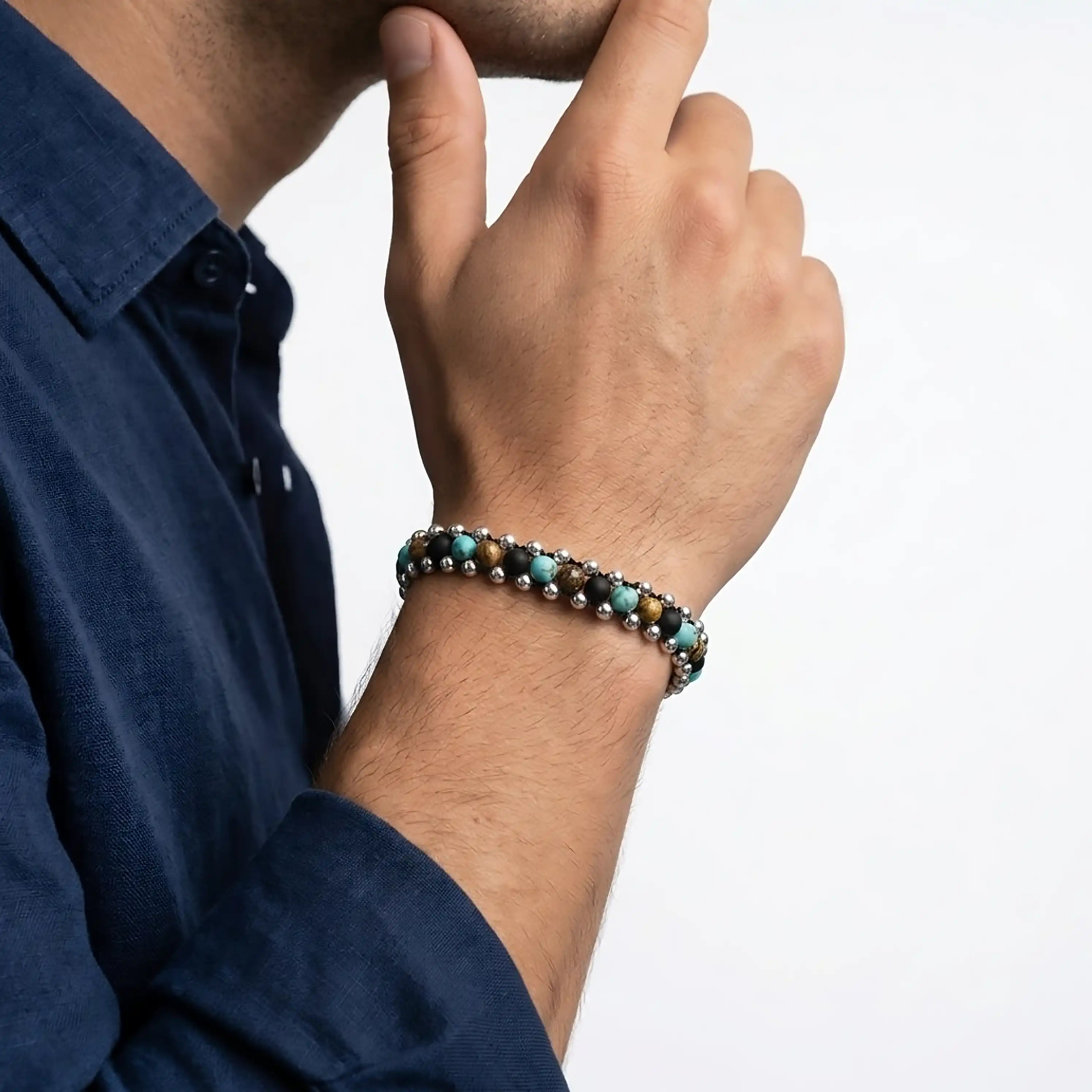 BRACCIALE ARES Argento 925 Howlite turchese Diaspro Elephant Skin Onice