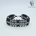 Vista frontale bracciale uomo artigianale Carter biker con ematite e onice in argento 925 e acciaio a Riccione Galvani Gioielli