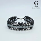 Vista frontale bracciale uomo artigianale Carter biker con ematite e onice in argento 925 e acciaio a Riccione Galvani Gioielli