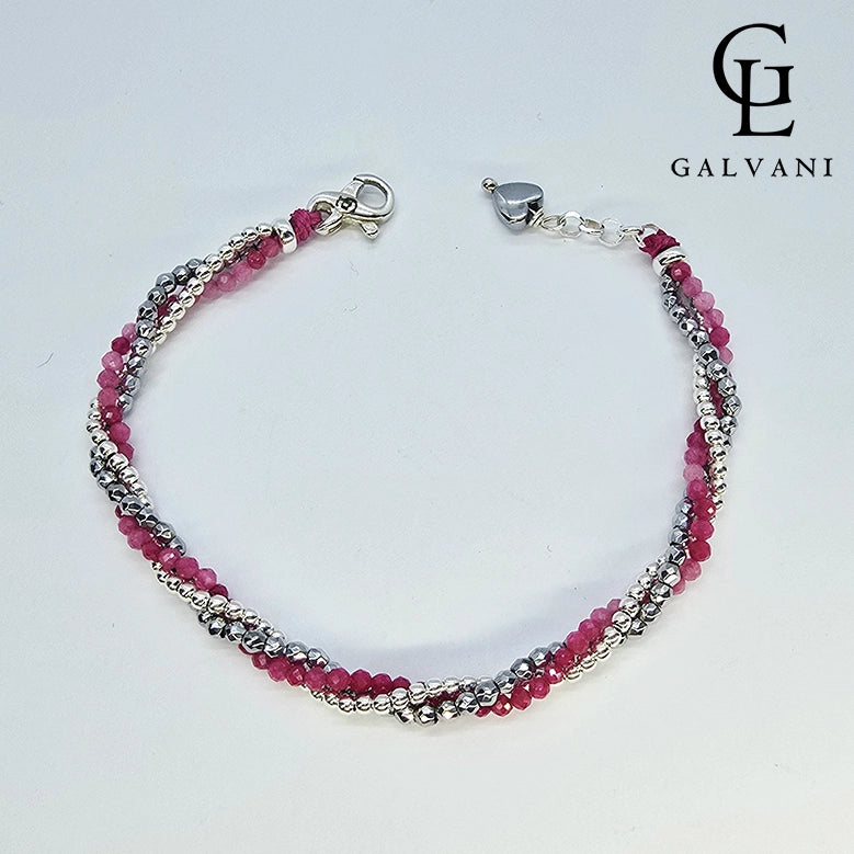 Bracciale Aura con pietre tormalina rosa ed ematite Galvani gioiello elegante e delicato visto dall'alto
