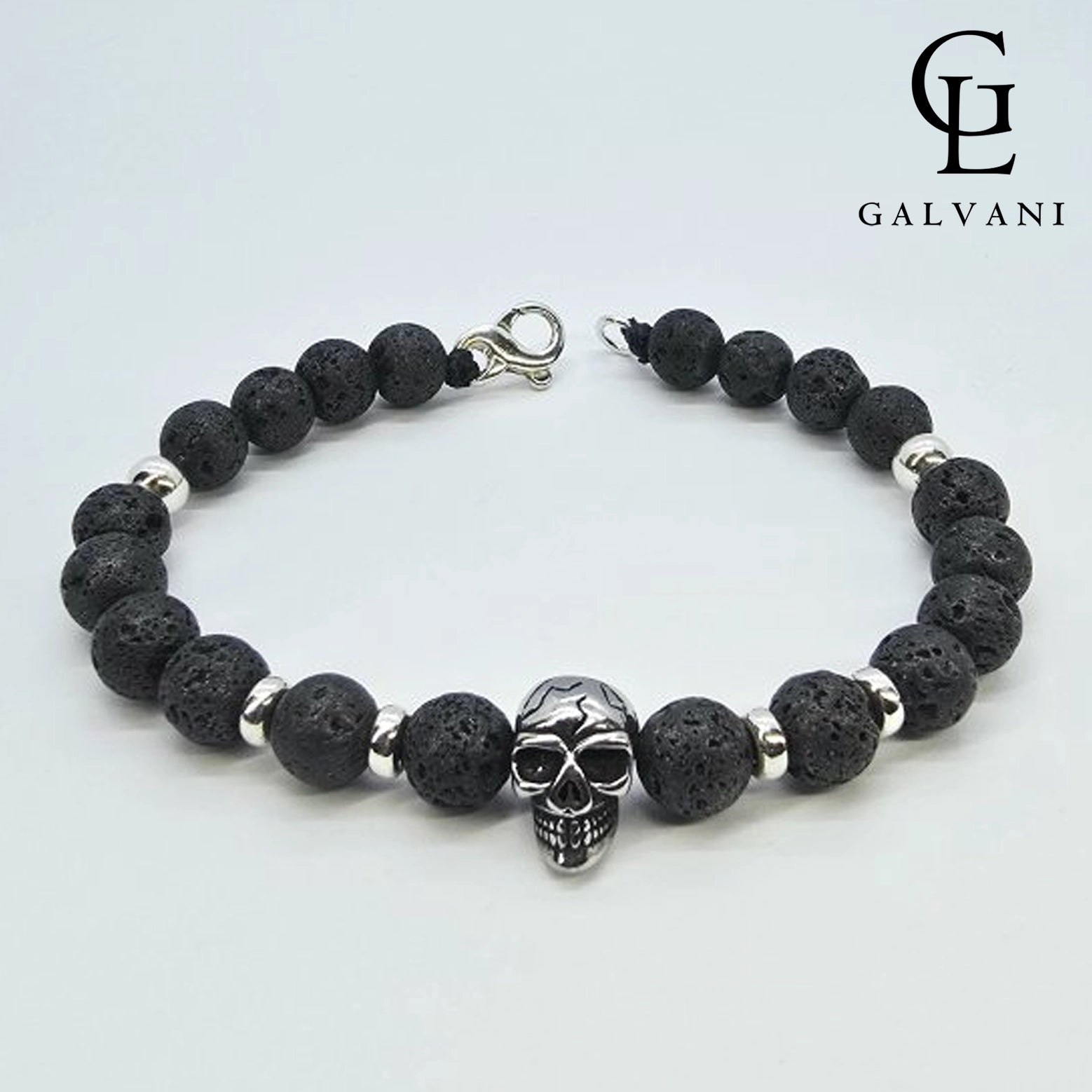 Bracciale Hades con lavica e teschio Galvani stile deciso in argento 925 e acciaio vista frontale