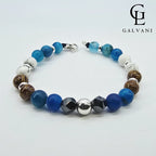Bracciale artigianale Orizzonte con agata blu ematite e howlite bianca Galvani vista frontale