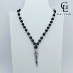 Vista frontale collana uomo artigianale Vajra biker con onice ed ematite in acciaio a Riccione Galvani Gioielli