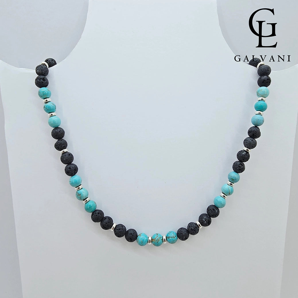 Collana Etna con turchese pietra lavica e howlite bianca in argento 925 Galvani vista frontale