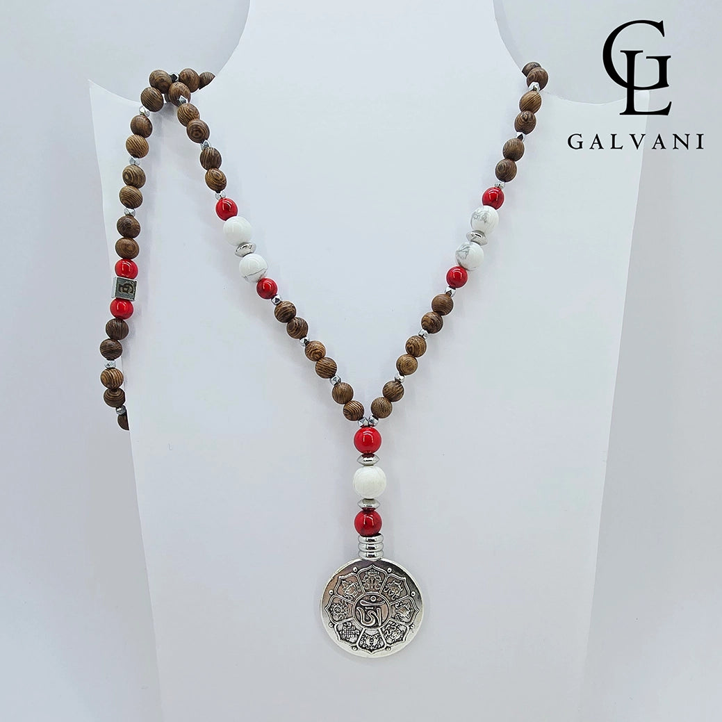 Collana Karma con howlite bianca e rossa ematite legno wenge e acciaio Galvani vista frontale