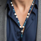 Collana Poseidone uomo con agata blu howlite bianca ed ematite blu in acciaio Galvani Gioielli