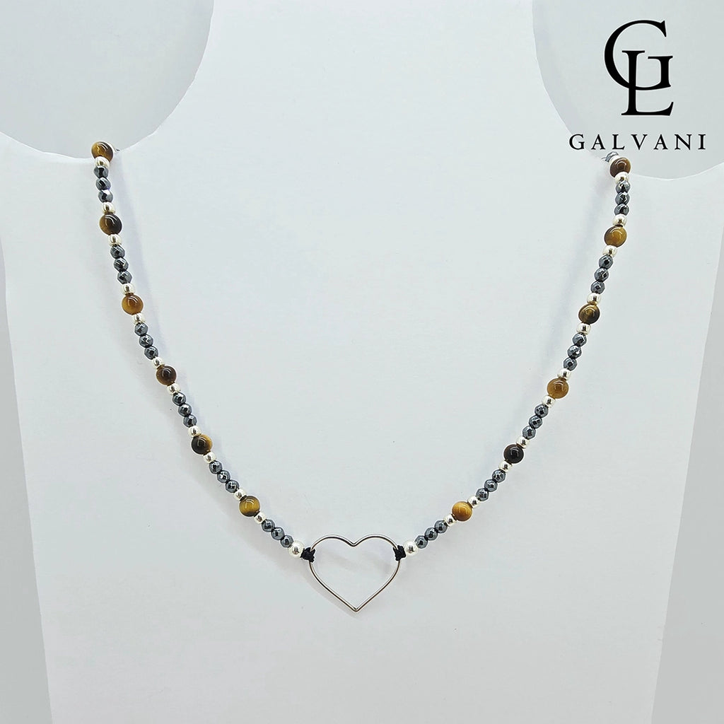 Collana Soul con ematite occhio di tigre e cuore in argento 925 Galvani vista frontale