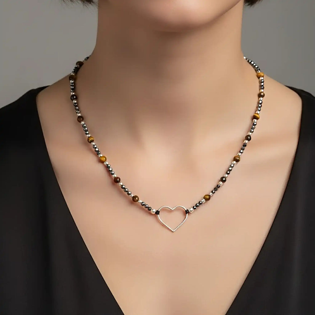 Collana Soul con ematite occhio di tigre e cuore in argento 925 Galvani Gioielli