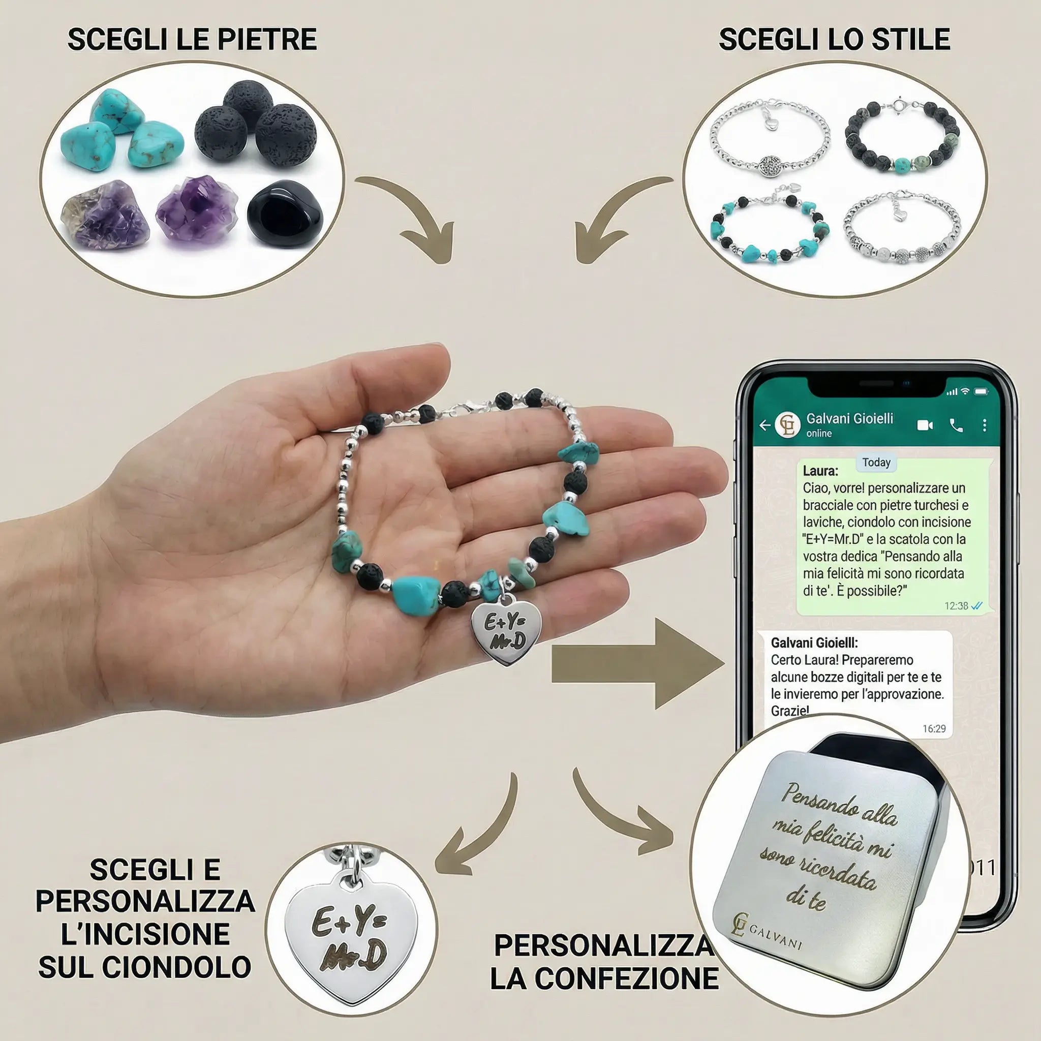 Personalizzazione dei gioielli artigianali Galvani Gioielli a Riccione, dalla scelta delle pietre naturali all’incisione e confezione