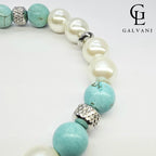 Dettaglio portacellulare bracciale Nuvola con perla coltivata howlite e turchese in acciaio Galvani